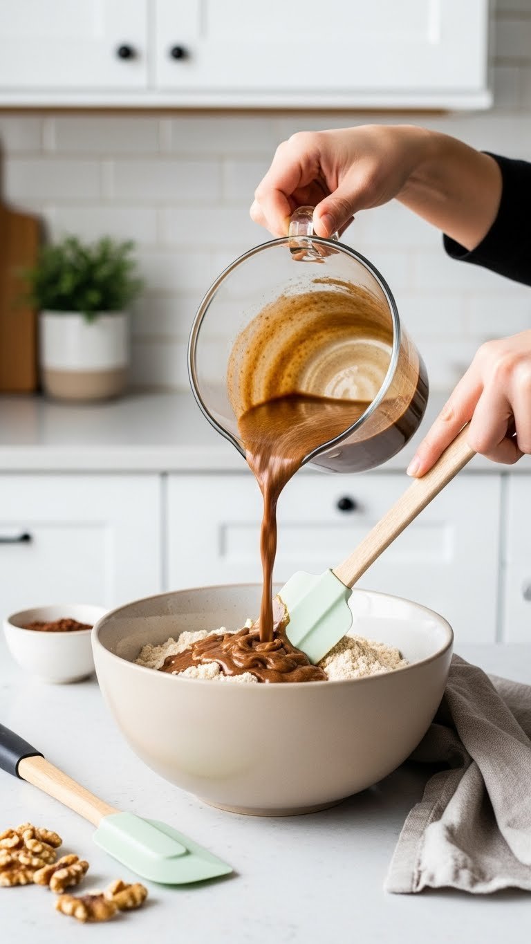 Combining wet and dry ingredients for keto coffee walnut cake batter with coffee-infused mixture poured into almond flour bowl