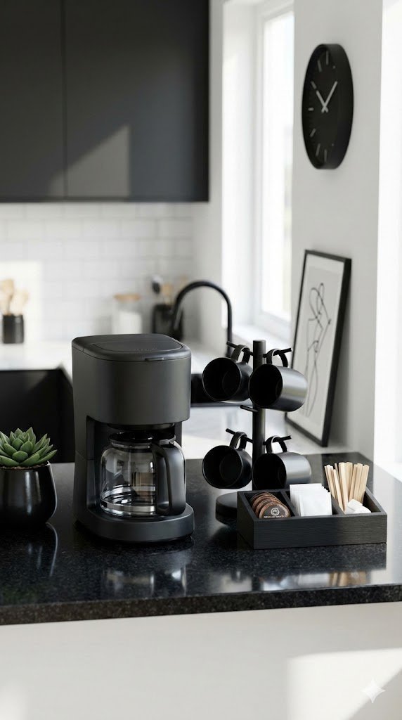Compact black countertop coffee bar with drip coffee maker, mug tree, and organized tray on black granite surface