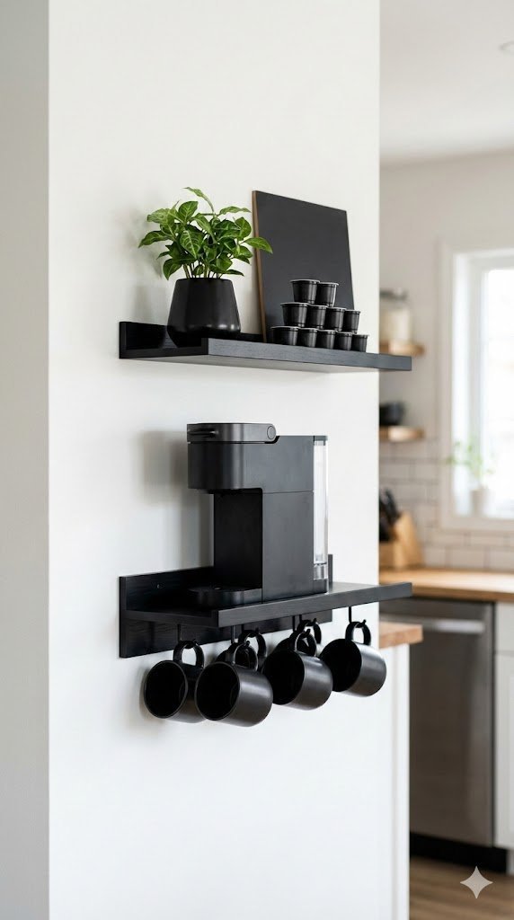 Compact wall-mounted black coffee nook with floating shelves and space-saving pod coffee maker