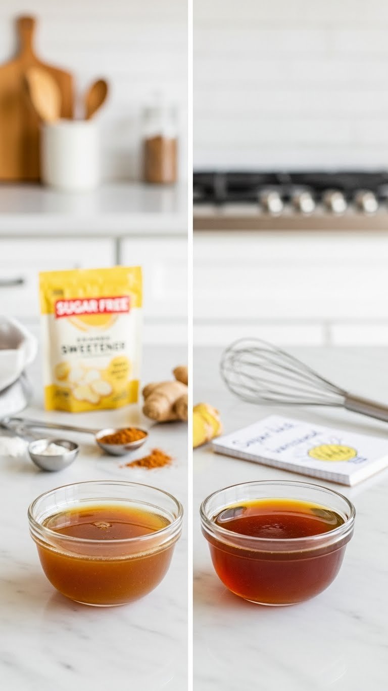 Comparison of thick glossy gingerbread syrup versus thin runny syrup in glass bowls on marble countertop