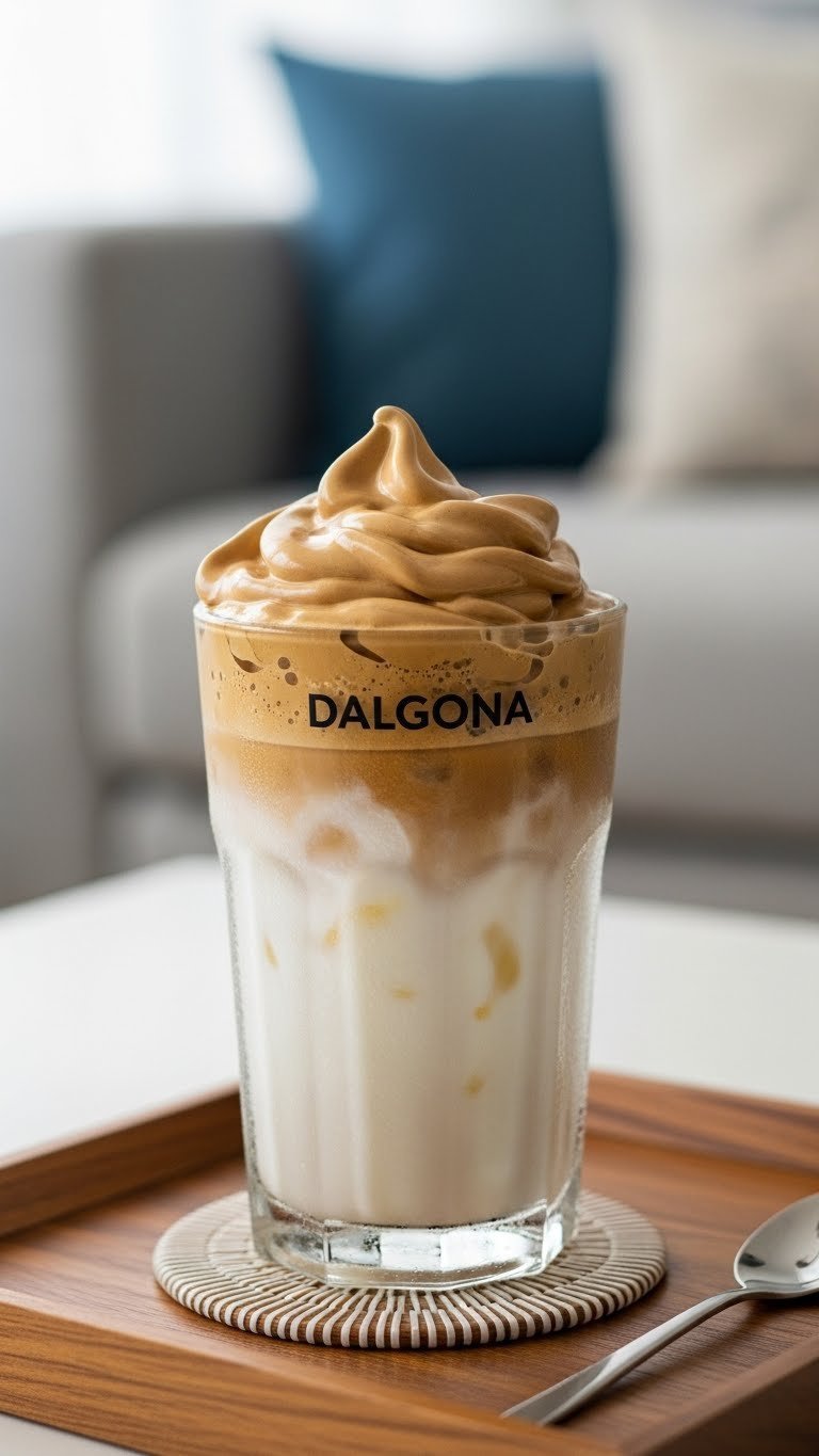 Whipped Coffee TikTok: 7 Steps for Perfect Fluffy Foam 11 Completed Dalgona whipped coffee drink with fluffy foam topping cold milk and ice in clear glass on wooden tray.