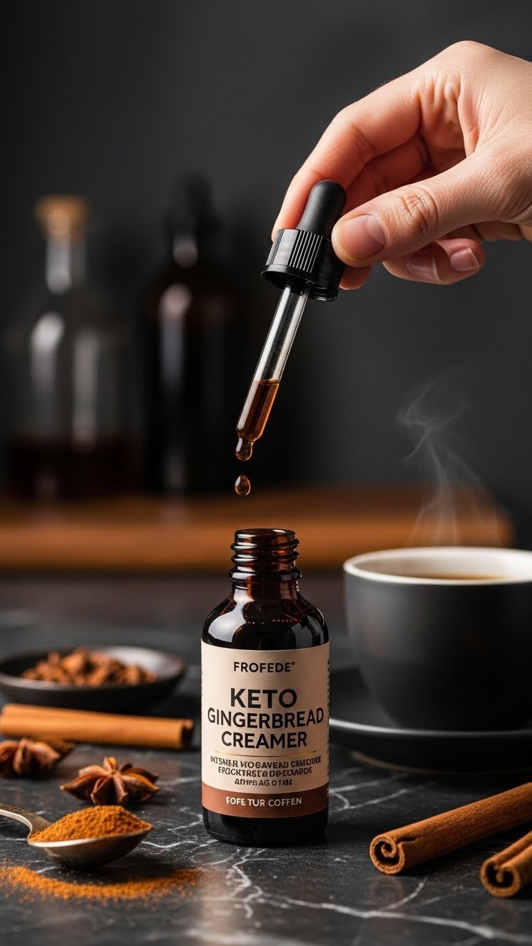 Concentrated keto gingerbread creamer drops falling from dropper bottle into coffee cup with spices