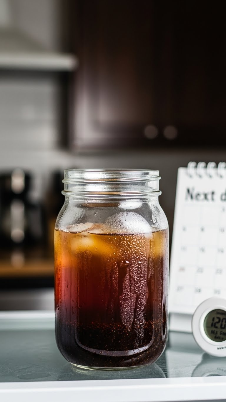 Condensation-covered mason jar filled with dark steeping cold brew coffee resting on clean refrigerator shelf.