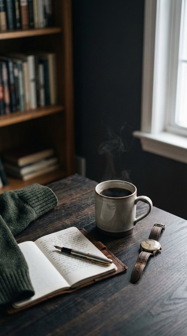 Contemplative black coffee narrative with journal entry and personal items on textured wooden desk