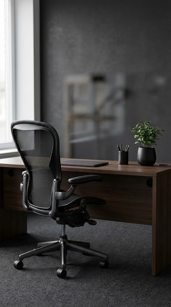 Contemporary black coffee office setup with ergonomic mesh chair, dark wooden desk, laptop, and green plant.