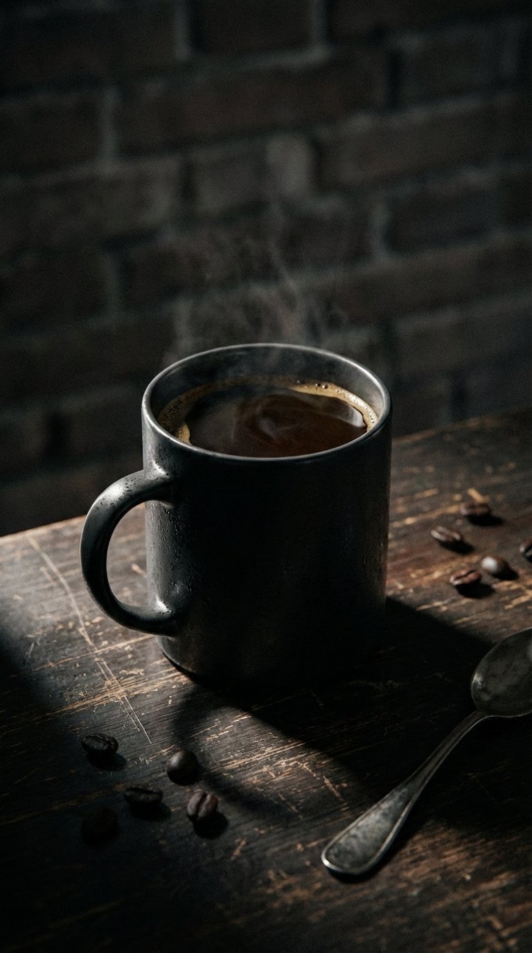 Contrasted black coffee cup with film grain texture on worn wooden surface highlighting gritty authentic aesthetic