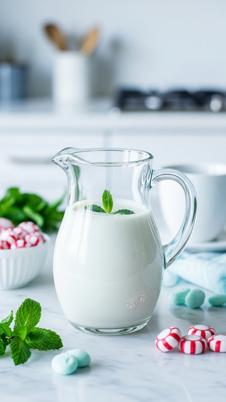 Cool white peppermint keto creamer in modern glass pitcher with floating mint leaves on marble