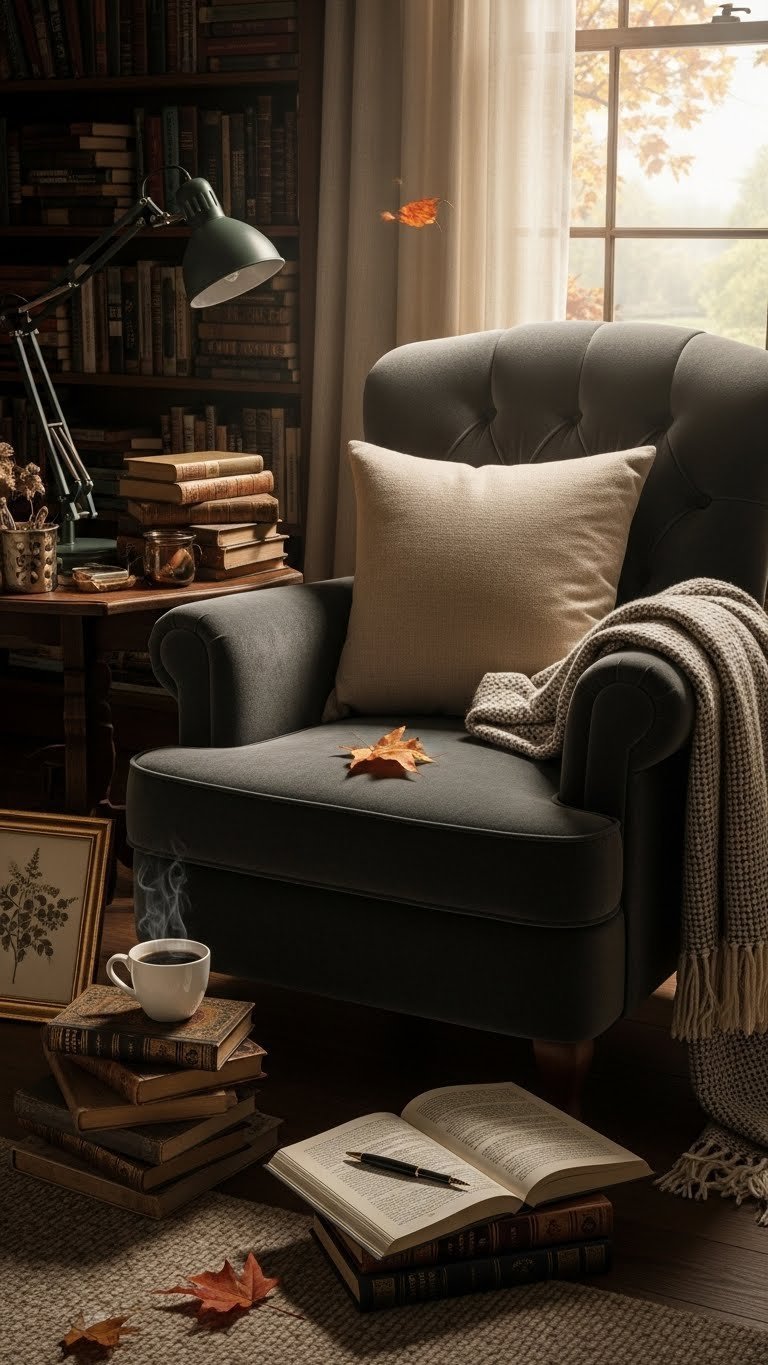 Cozy Dark Academia reading nook with velvet armchair, antique books, and steaming coffee by window