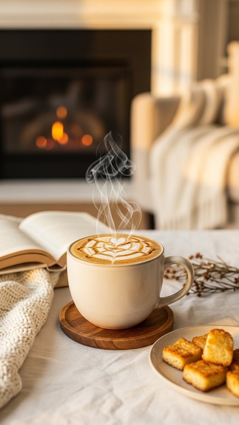 Cozy French Toast Hot Coffee steaming in ceramic mug with foam heart on rustic wooden coaster