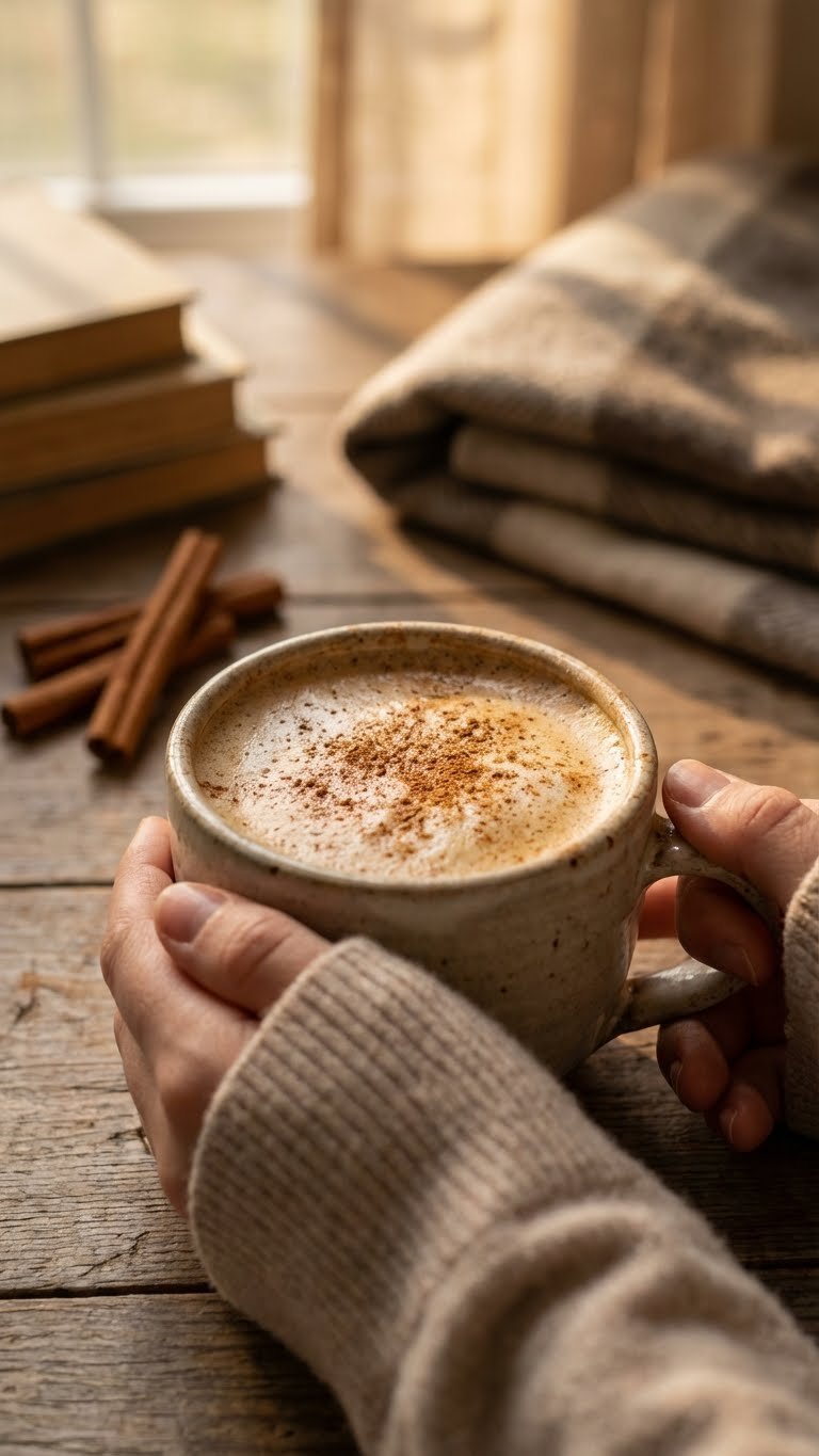 Cozy Hot Cinnamon Spice Protein Coffee, steaming in a mug with cinnamon dust, on a rustic wood table.