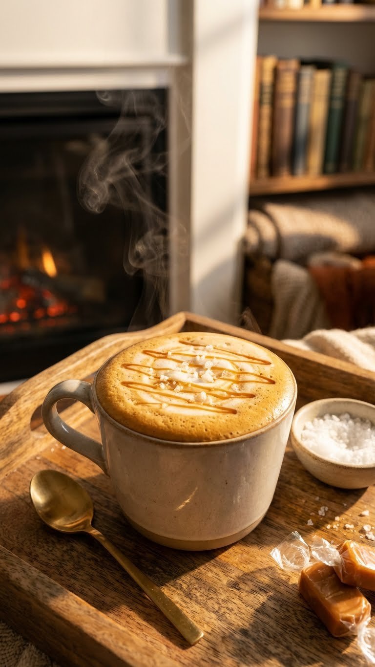 Cozy Hot Salted Caramel Protein Coffee, steaming in a mug with caramel drizzle and sea salt flakes.