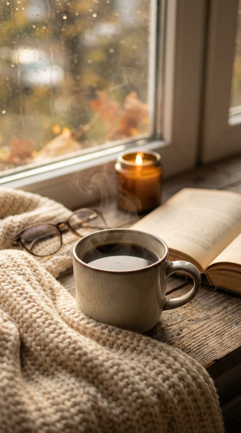 Cozy black coffee aesthetic on knitted blanket with warm golden hour lighting and soft bokeh background