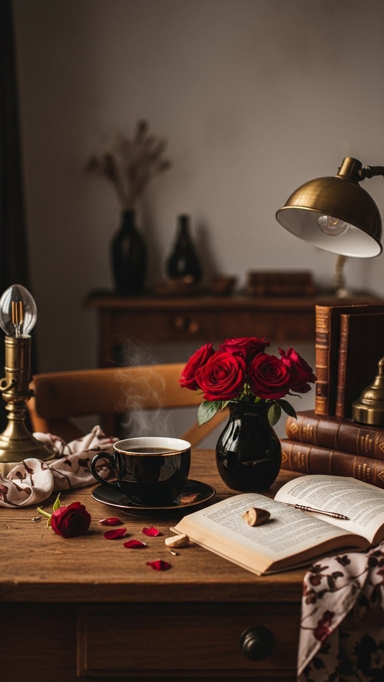 Cozy black coffee aesthetic setting with vintage wooden desk, ceramic mug, dark red roses, and antique brass lamp