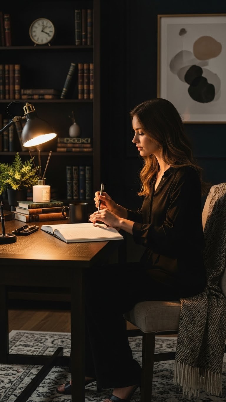 Cozy black coffee aesthetic study nook with dark wooden desk, bookshelf, and simple coffee mug in warm golden hour lighting