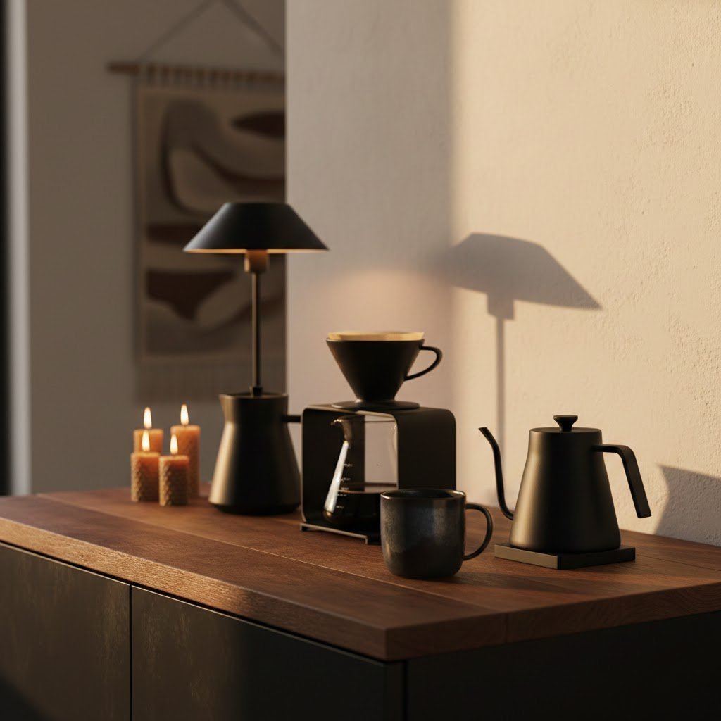 Cozy black coffee bar illuminated by warm golden hour lighting with candles and ceramic mug on dark wooden countertop
