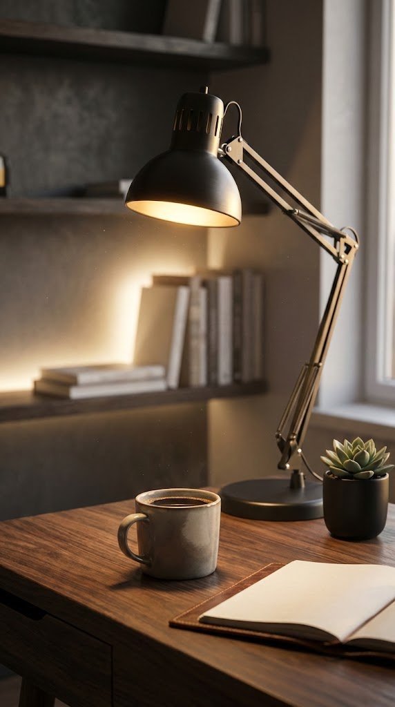 Cozy black coffee office featuring warm desk lamp glow on dark wooden desk with ceramic mug and succulent.