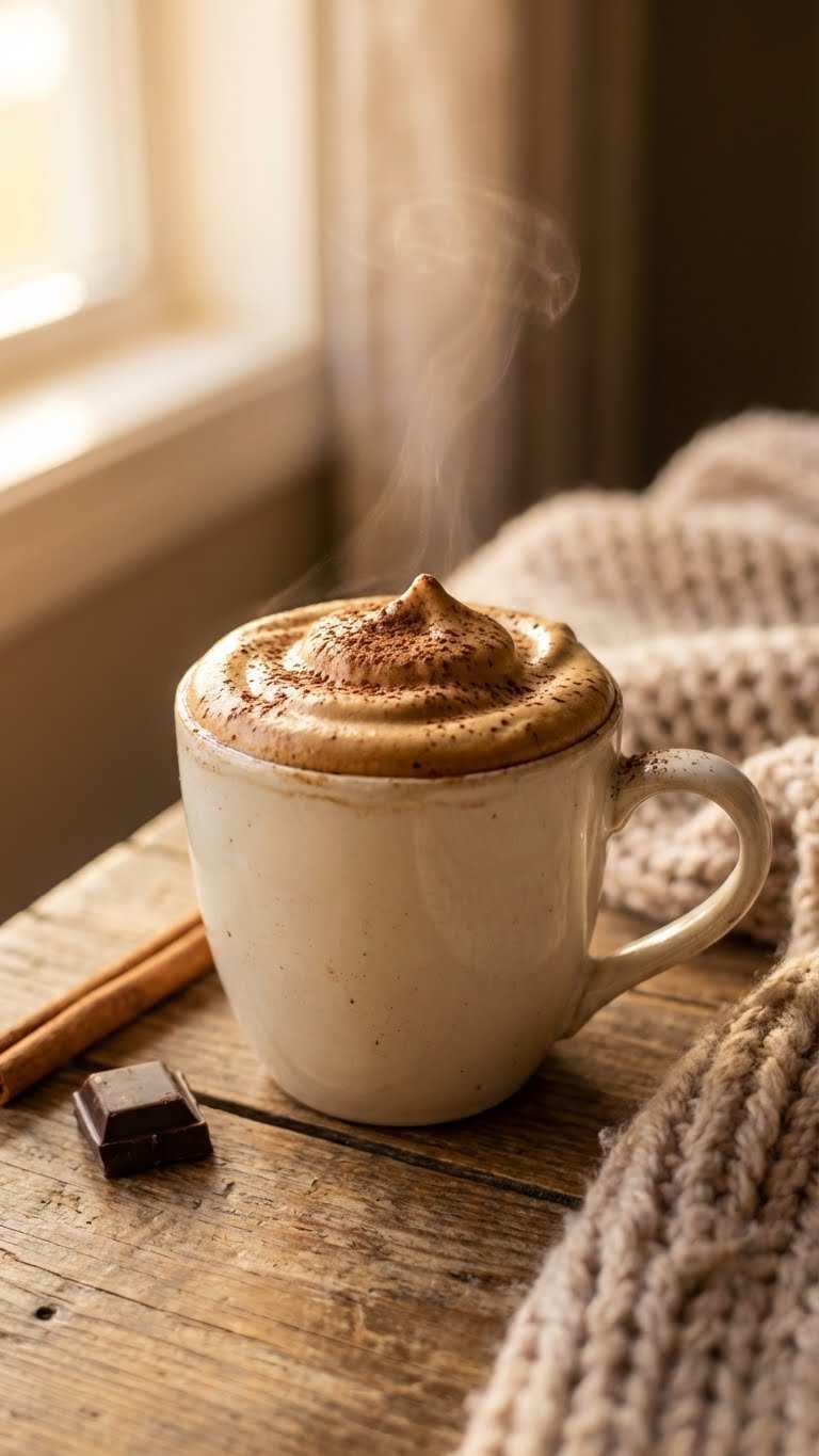 Nutella Whipped Coffee Recipe Easy Fluffy Cafe Style Guide 3 Cozy ceramic mug filled with steaming hot Nutella whipped coffee on rustic wooden table with cinnamon stick
