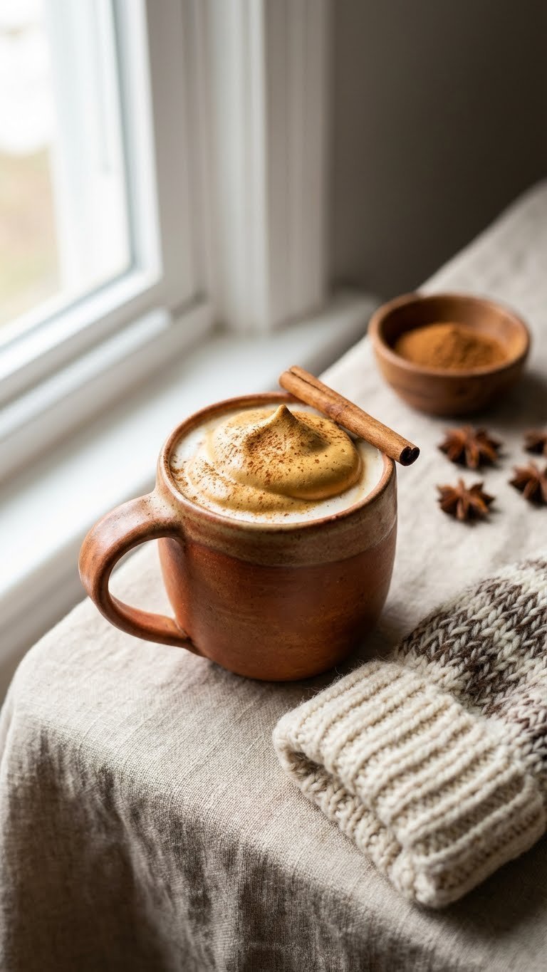 Whipped Coffee Recipe Proven 3 Ingredient Method For Beginners 7 Cozy ceramic mug of steamed milk with cinnamon-spiced whipped coffee foam and cinnamon stick garnish on linen tablecloth.