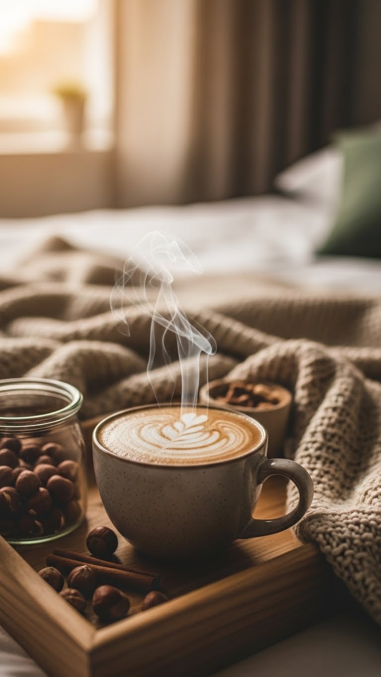 Cozy ceramic mug of steaming sugar-free hazelnut hot coffee with cream swirl on wooden breakfast tray in warm light
