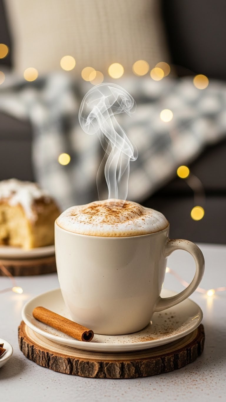 7 Best Orgain Protein Coffee Recipes To Boost Your Day 4 Cozy cinnamon roll hot protein coffee in a mug on rustic coaster