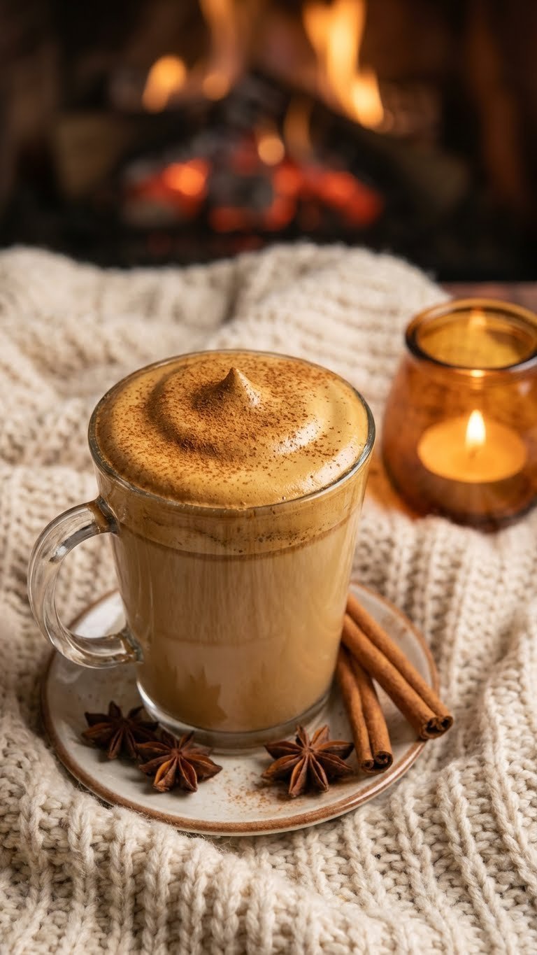 Healthy Whipped Coffee Recipe Complete Sugar Free Guide 13 Cozy cinnamon whipped coffee in clear mug with cinnamon dusting on knit blanket near fireplace