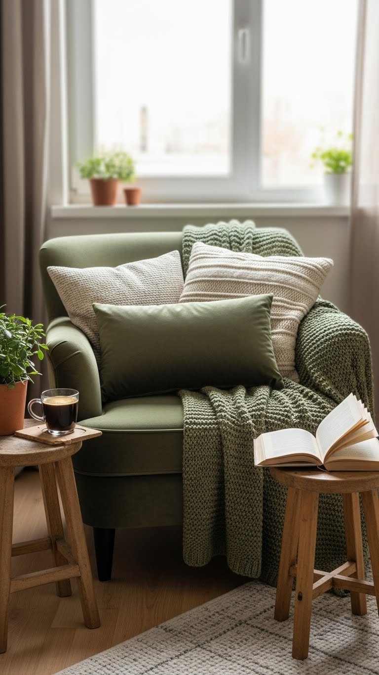Cozy coffee and reading nook with forest green velvet armchair, throw pillows, and steaming mug