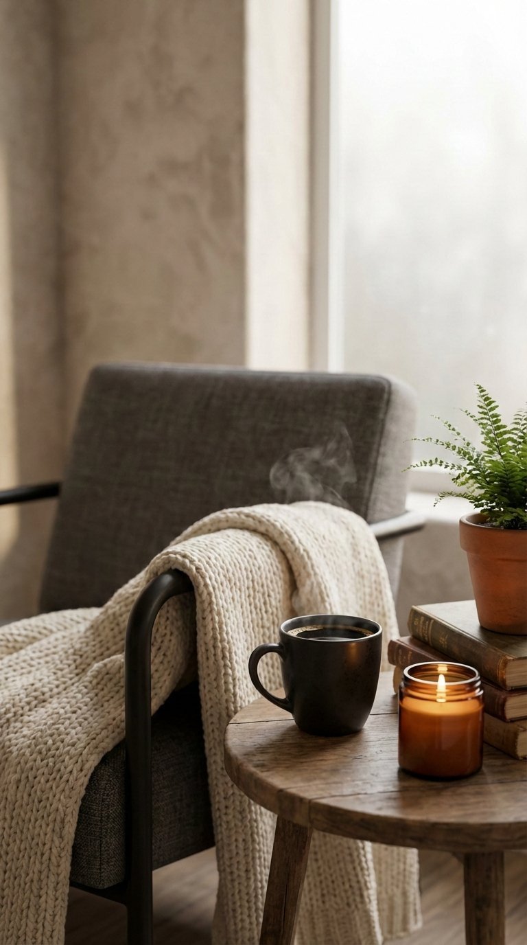 Cozy corner with steaming coffee cup, throw blanket draped over chair, and burning candle in warm golden hour light