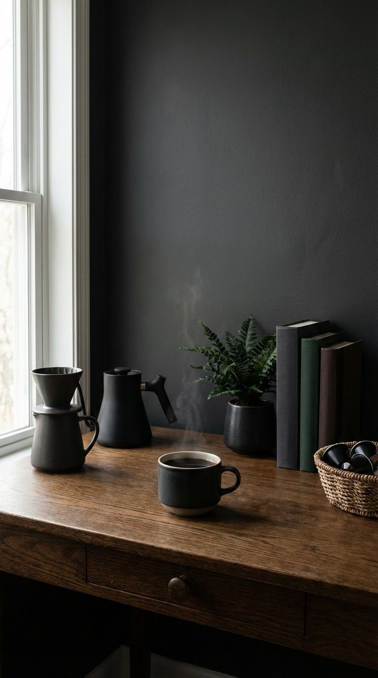 Cozy dark coffee nook with vintage wooden table, coffee tools and plants against muted green wall