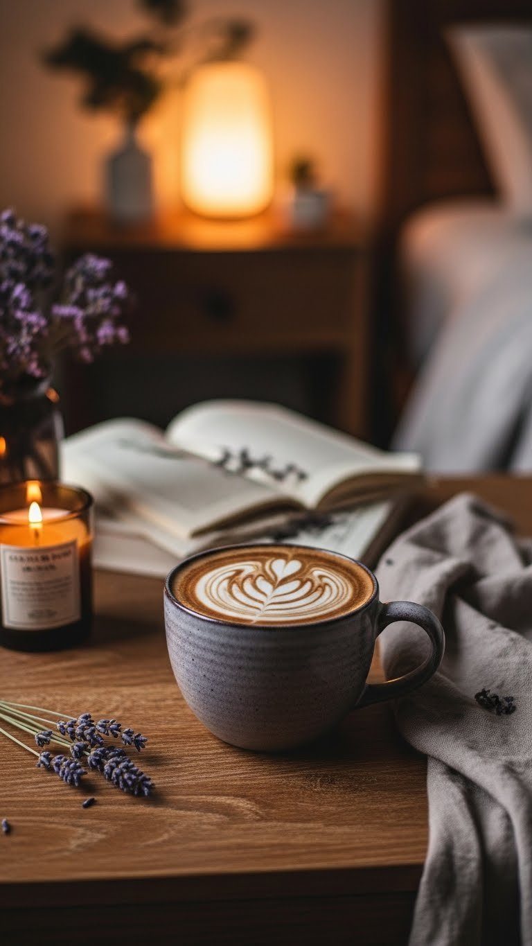 Cozy decaf evening protein coffee in a ceramic mug with frothed milk on a bedside table, perfect for evening rest.