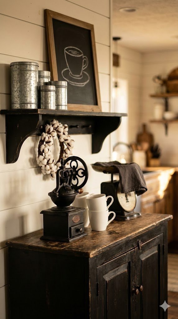 Cozy farmhouse black coffee nook with distressed shelf, vintage grinder, and galvanized metal containers