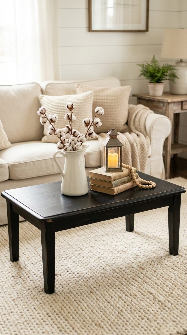 Cozy farmhouse living room featuring rectangular black wood coffee table with ceramic pitcher and knit rug