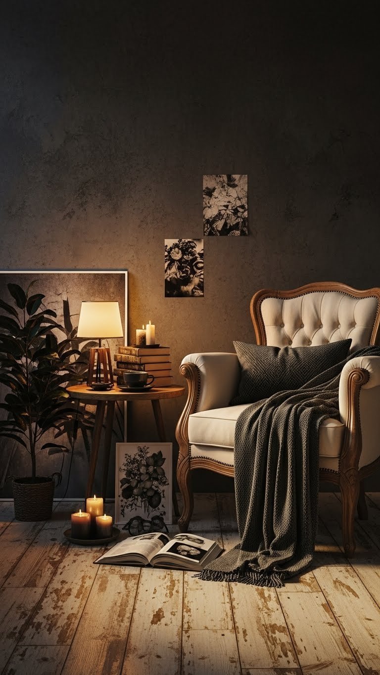 Cozy grunge room decor with vintage armchair, dark coffee cup on side table, old books, and warm golden hour lighting