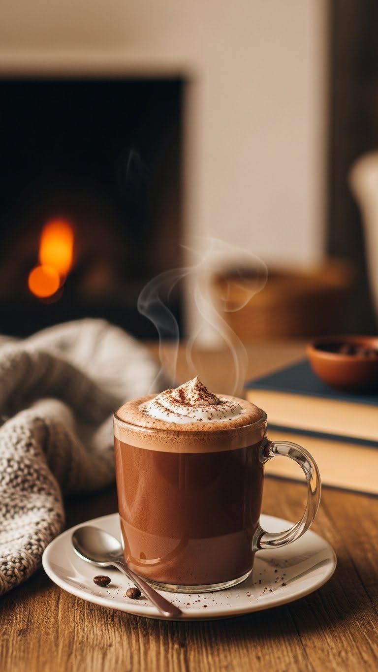 Cozy hot chocolate protein coffee in a steaming mug with whipped cream, cocoa, and coffee beans on a rustic wooden table.