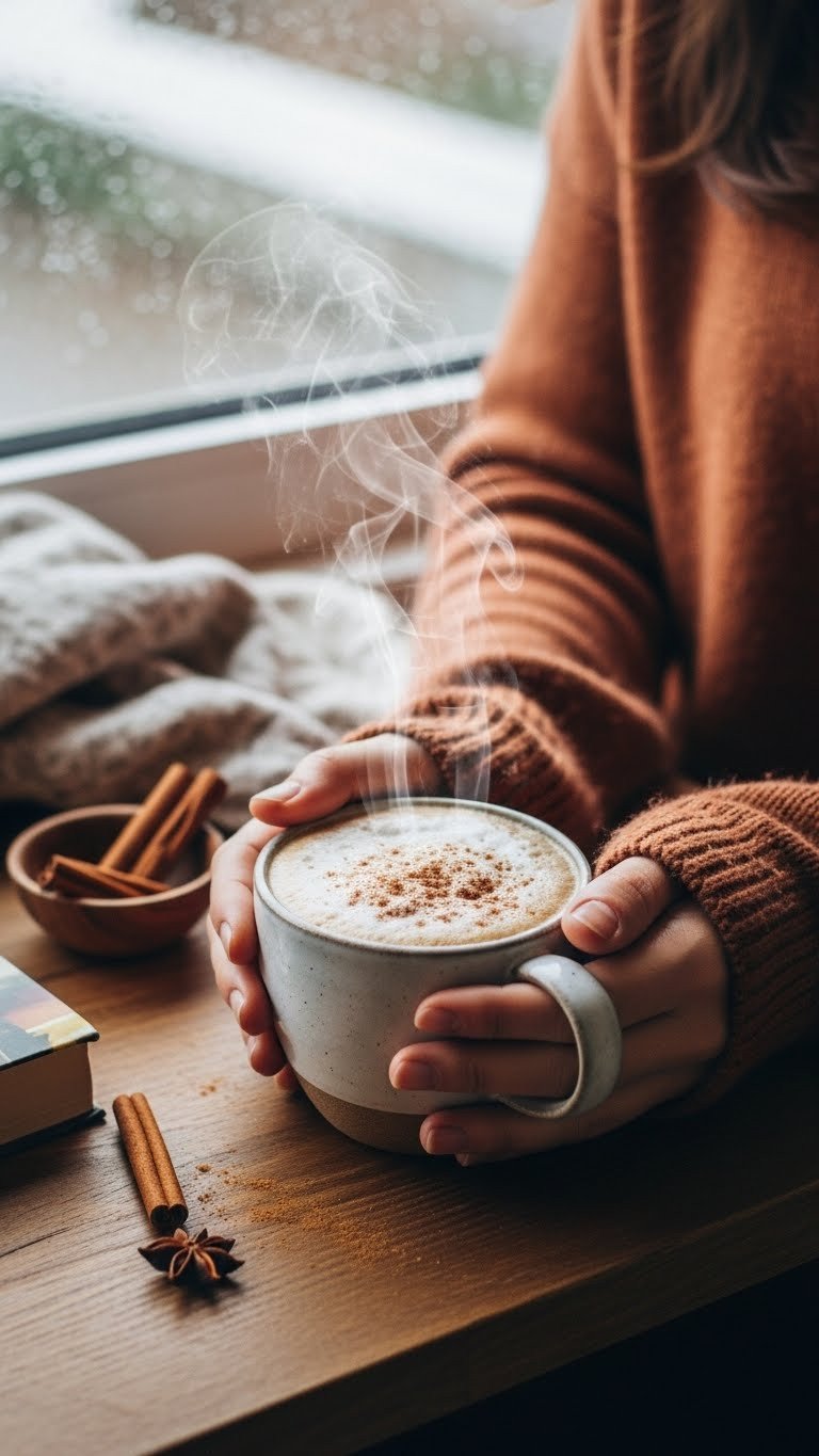 Cozy hot protein coffee in ceramic mug with cinnamon held in sweater hands by rainy window