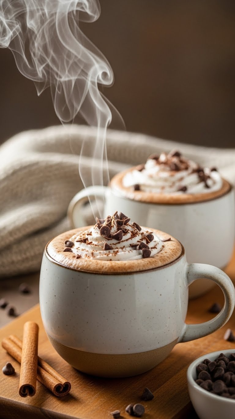 Deliciously Creamy Protein Coffee With Protein Powder 3 Cozy hot protein mocha in a ceramic mug on a wooden cutting board