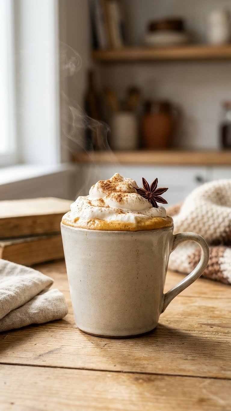 Cozy hot whipped chai latte with cinnamon and star anise in a ceramic mug on a rustic wooden table with a blurred kitchen background.