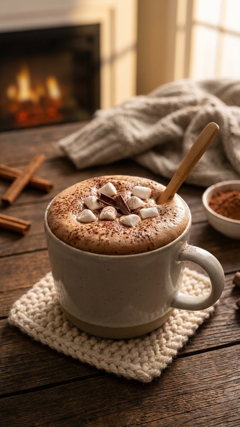 Cozy mug of hot mocha whipped coffee with mini marshmallows and cinnamon stick by fireplace on dark wood
