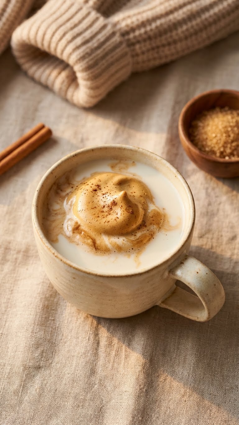 Pumpkin Whipped Coffee Recipe Easy Creamy Dalgona Style 7 Cozy mug of hot pumpkin whipped coffee with melting foam on linen tablecloth with cinnamon garnish