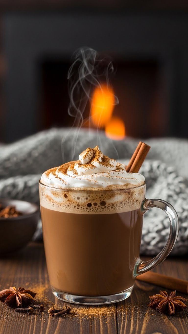 Cozy mug of spiced keto almond joy mocha with cinnamon-dusted whipped cream and cinnamon stick