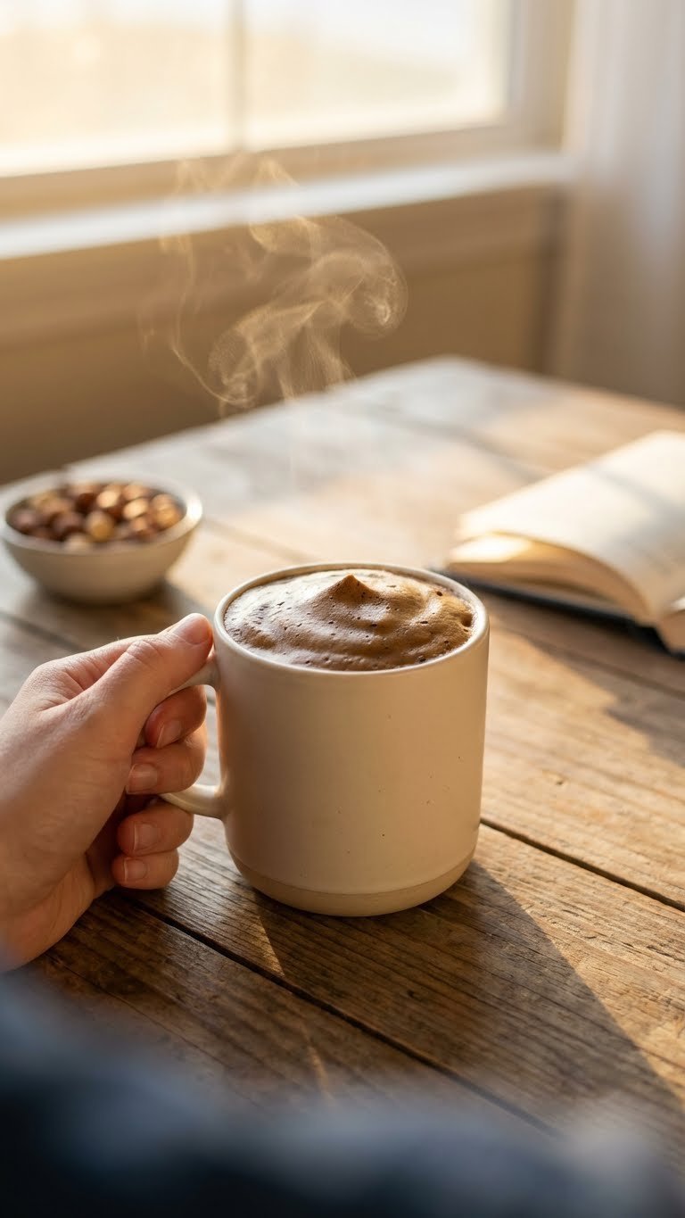 Mushroom Whipped Coffee: Ultimate Recipe for Focus & Energy 3 Cozy photo of a hand gently holding a ceramic mug of frothy sugar-free keto mushroom whipped coffee with steam rising.