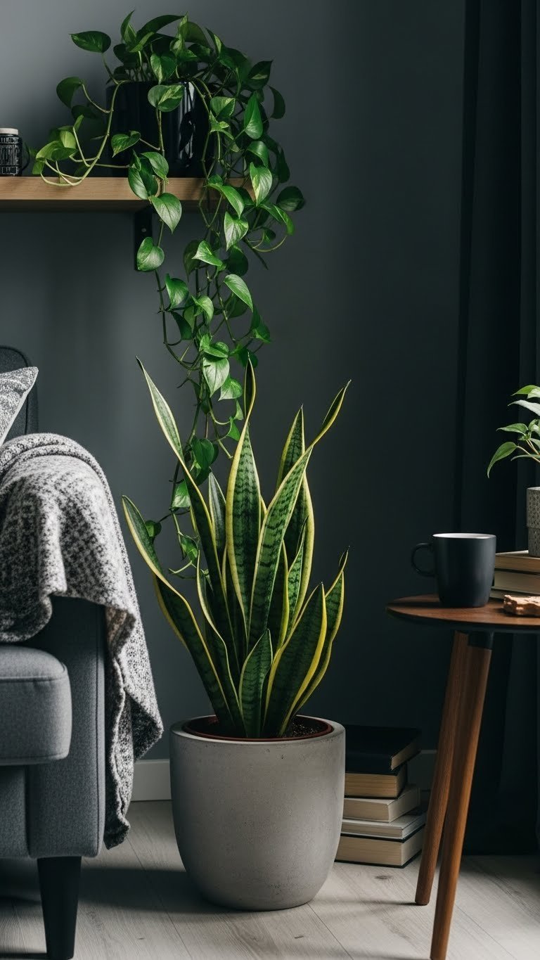 Cozy plant corner with cascading Pothos and Snake Plant in dark ceramic pots against deep gray wall