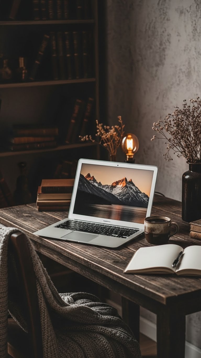 Cozy productivity nook with laptop and rustic coffee mug on dark wooden desk with warm ambient lighting