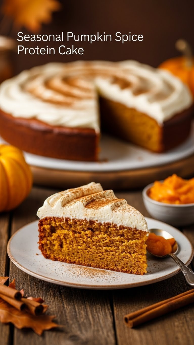 Cozy pumpkin spice protein cake slice with creamy frosting, cinnamon dusting, on a rustic table. Fall seasonal dessert.