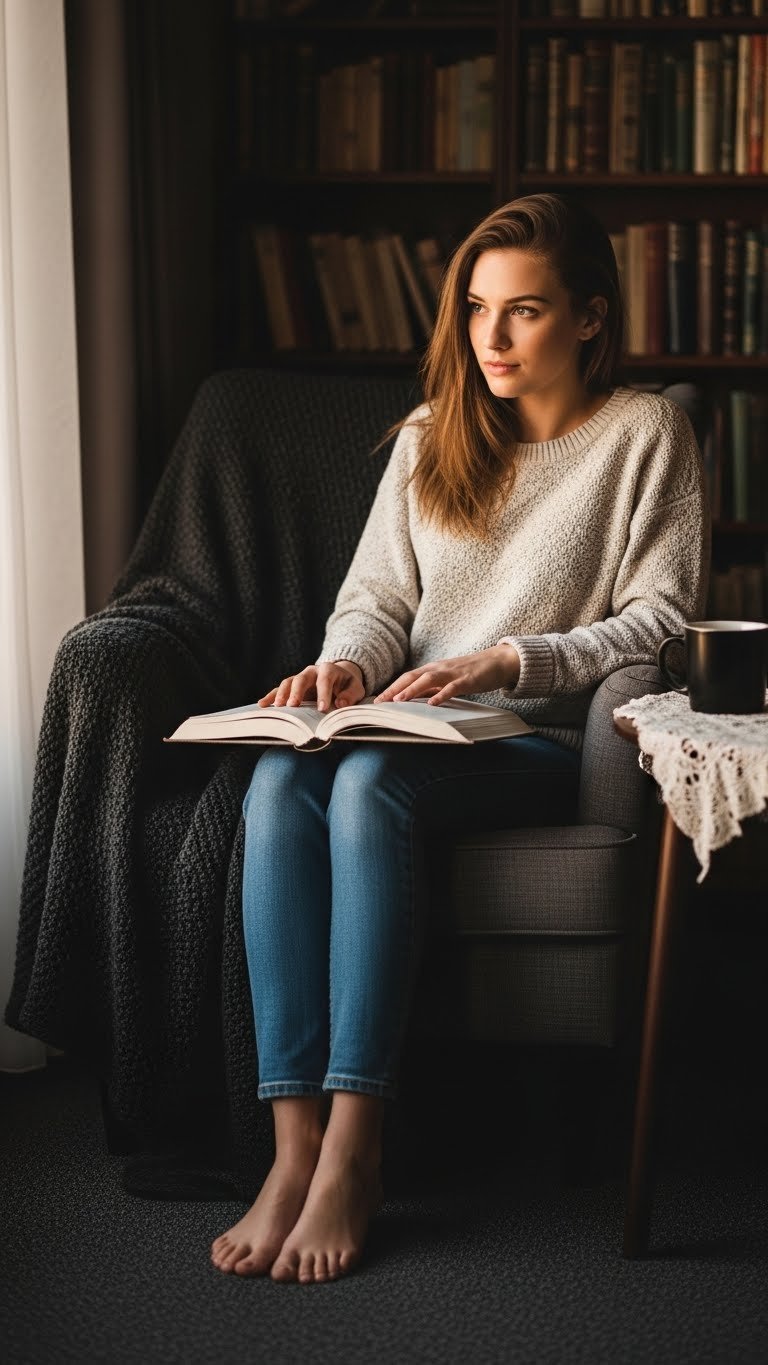 Cozy reading nook with armchair draped in knitted blanket and black coffee mug on dimly lit table