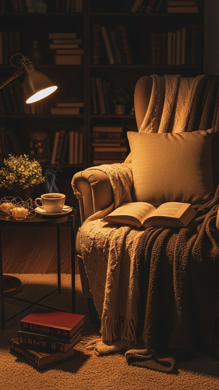Ultimate Black Coffee Book Aesthetic 7 Cozy Decor Ideas 1 Cozy reading nook with plush armchair, throw blanket, and steaming coffee beside vintage book in warm ambient lighting
