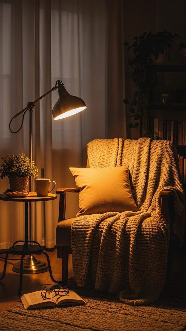Cozy reading nook with vintage floor lamp illuminating armchair covered in chunky knit blanket and side table