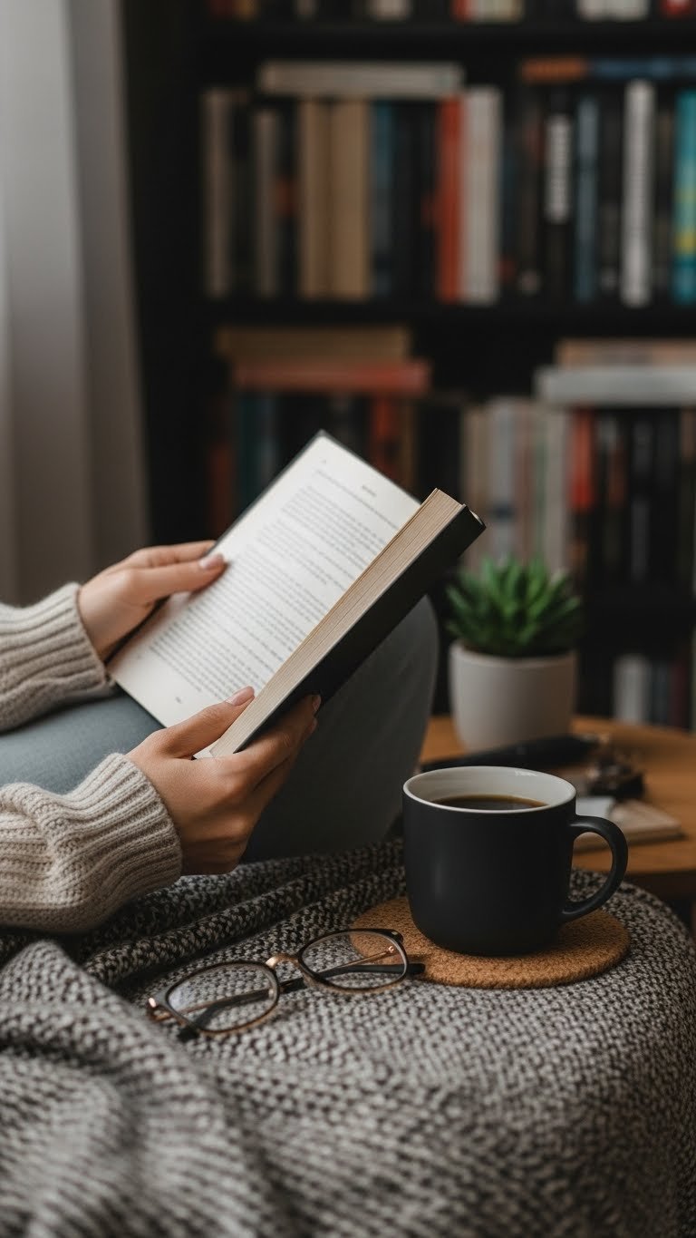 Cozy reading scene with hands holding classic book next to minimalist black coffee mug on textured blanket