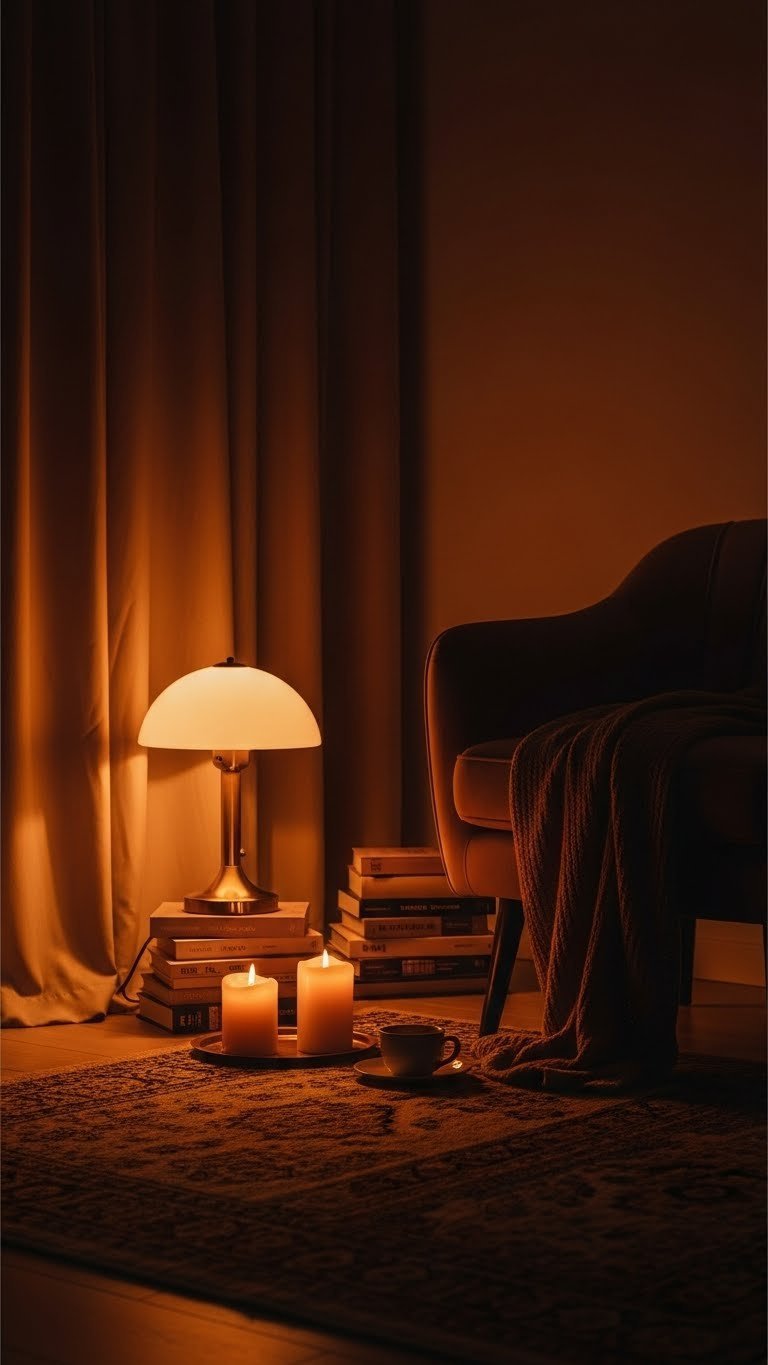 Black Coffee Rain Aesthetic: 11 Elements for Perfect Mood 5 Cozy room corner illuminated by warm golden light from a table lamp and flickering candles casting gentle shadows