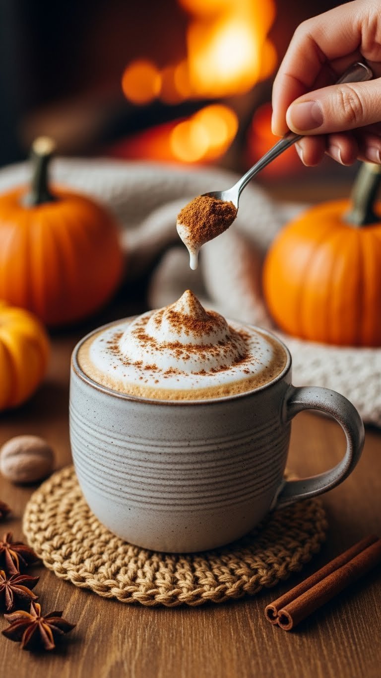 Cozy seasonal protein latte in oversized mug with frothed milk, spices, knitted coaster on wood table.