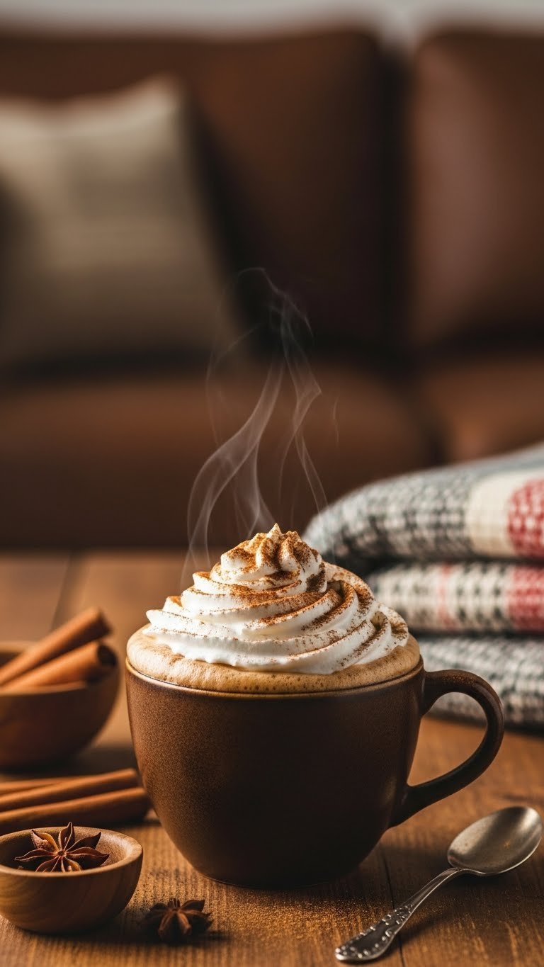 Cozy spiced protein whipped coffee in an earthenware mug, with cinnamon-dusted foam on a rustic wooden table with spices.